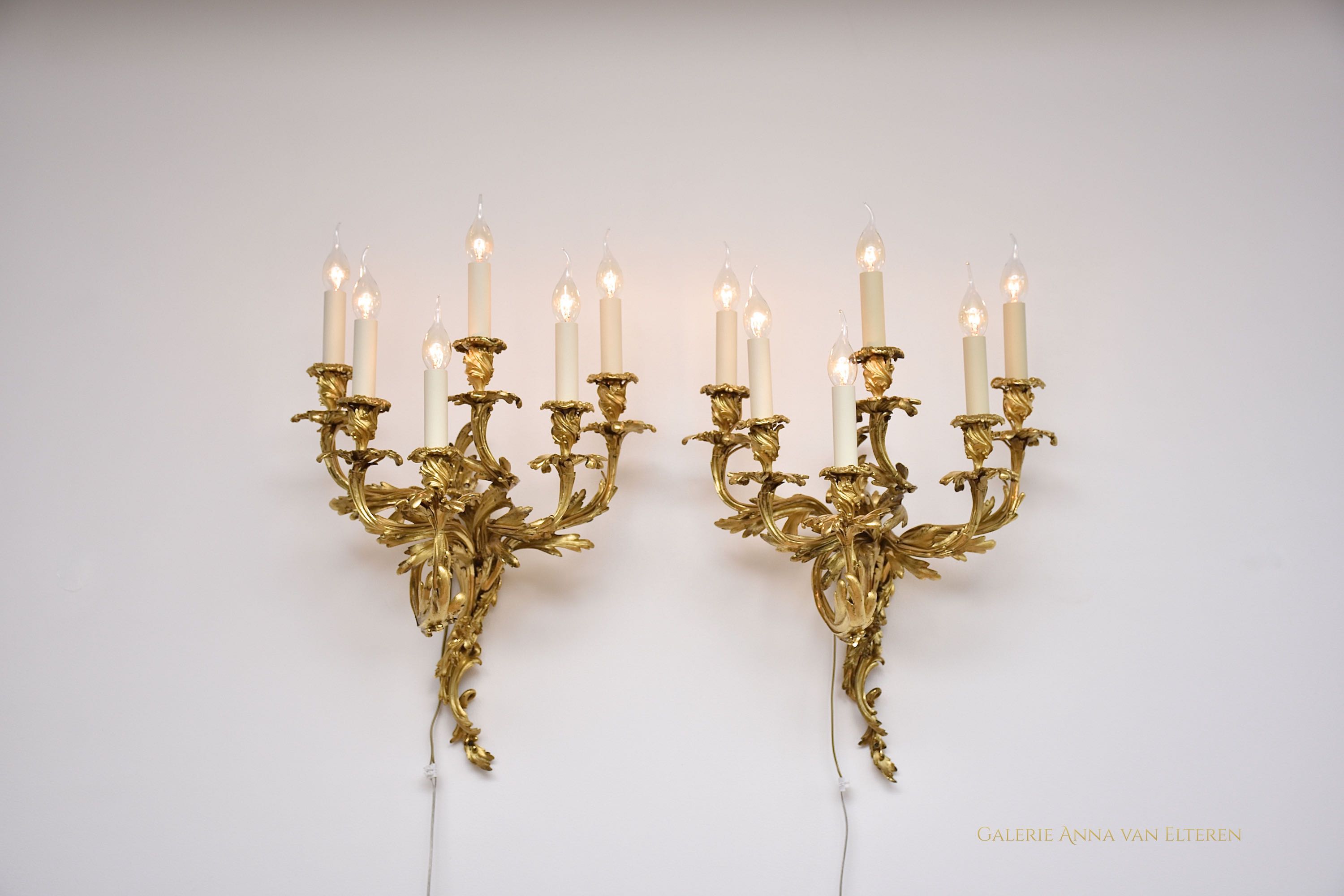 19th c. pair chased & gilt bronze French wall appliques in style of Louis XV