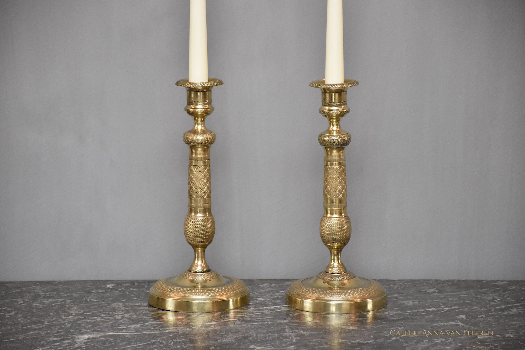 19th c. pair of gilt bronze Empire candlesticks