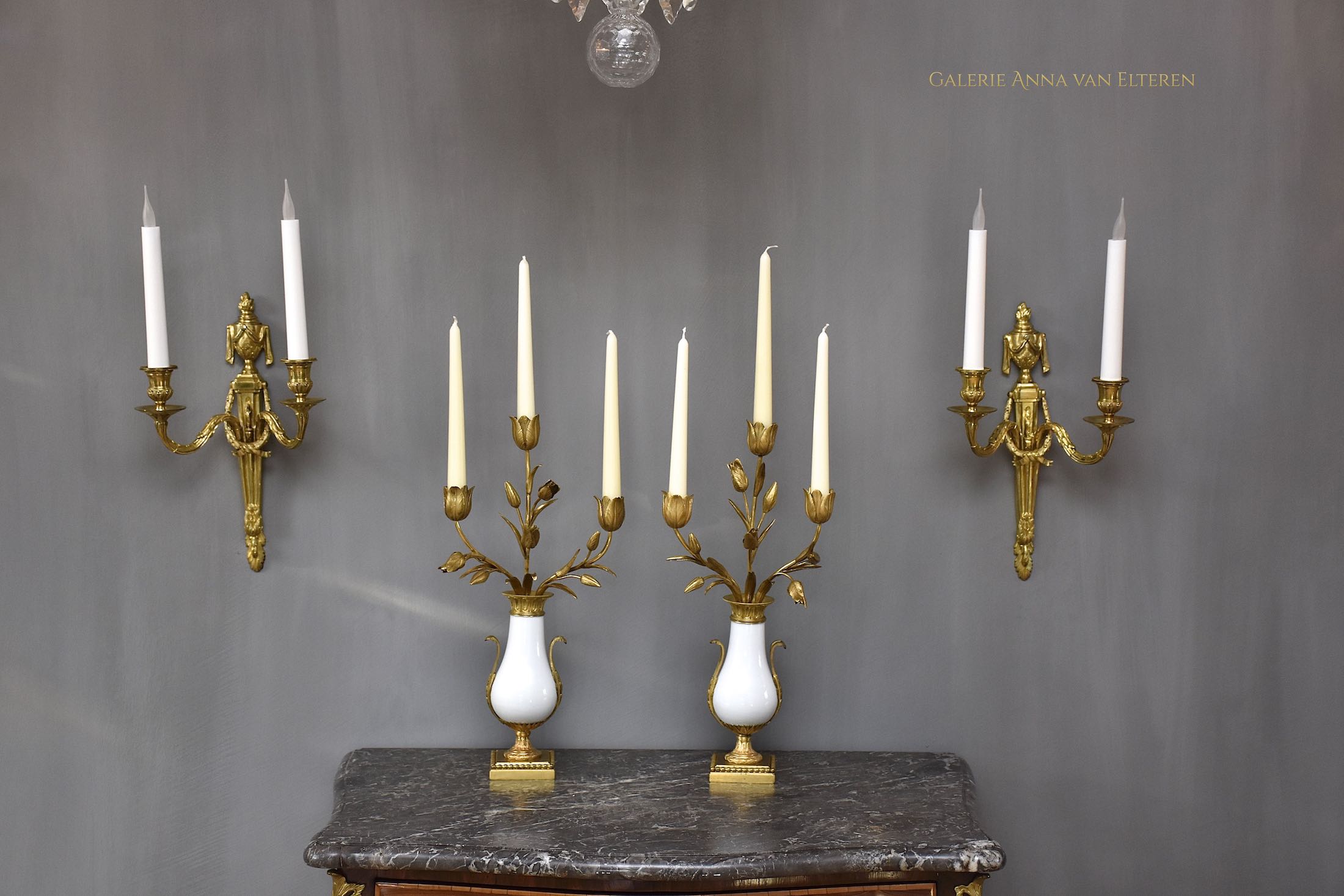 A rare pair of 2 gilt bronze French candelabra, Louis XVI period