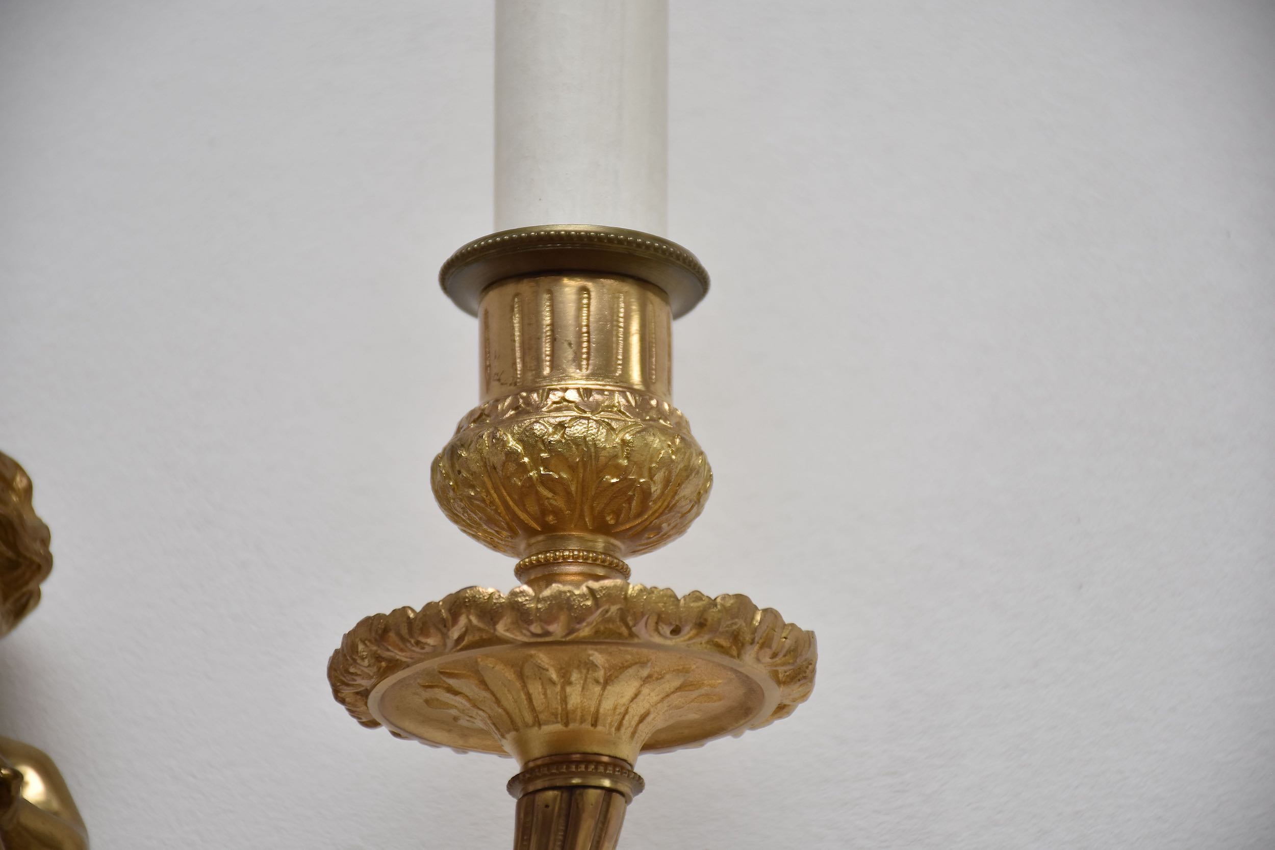 19th c. pair gilt bronze French wall lights in the style of Louis XVI