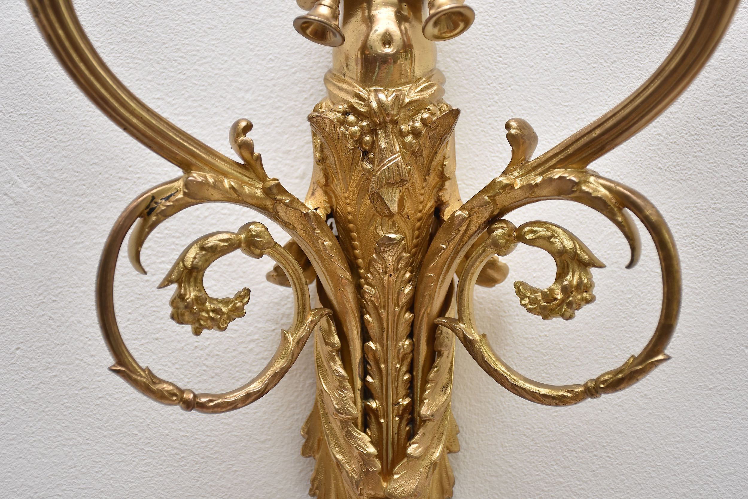 19th c. pair gilt bronze French wall lights in the style of Louis XVI