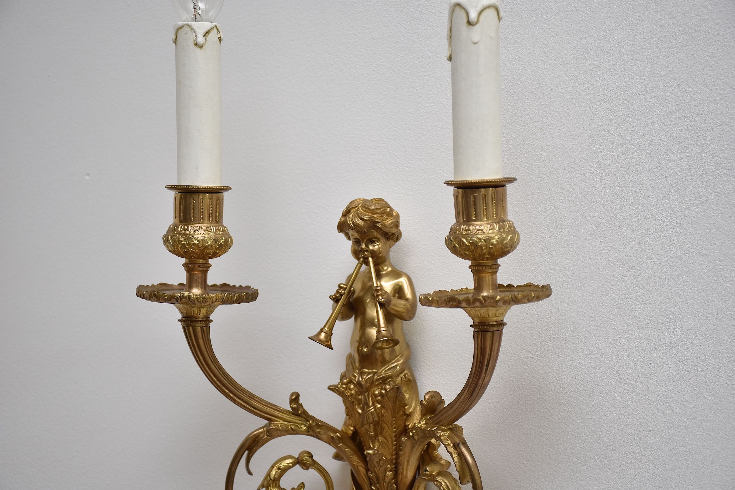 19th c. pair gilt bronze French wall lights in the style of Louis XVI