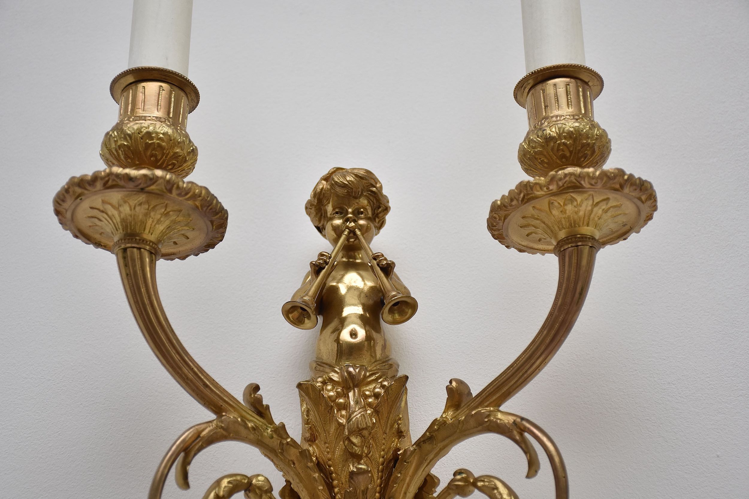 19th c. pair gilt bronze French wall lights in the style of Louis XVI