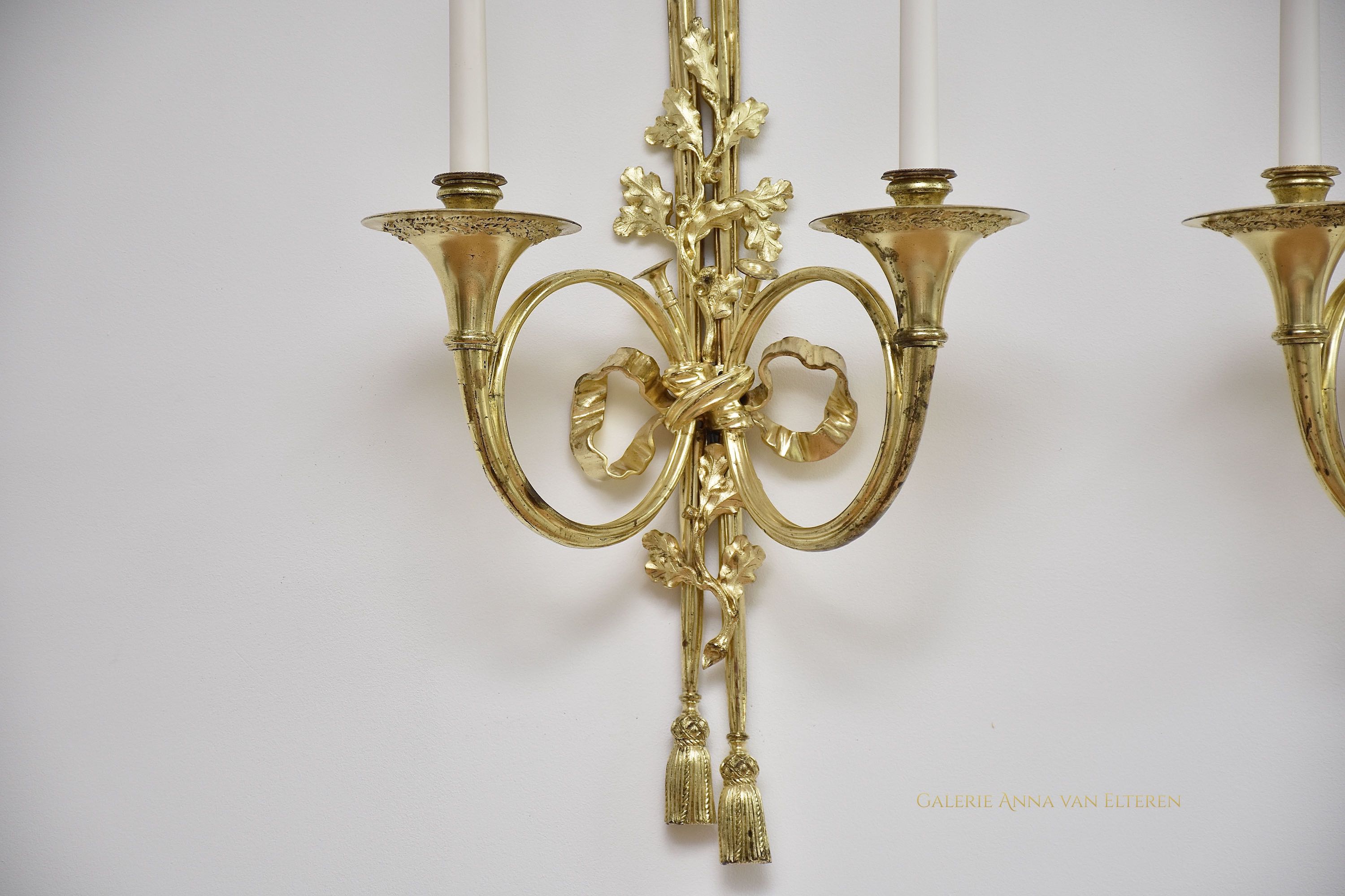 19th c. large pair of gilt bronze wall lights in the style of Louis XVI