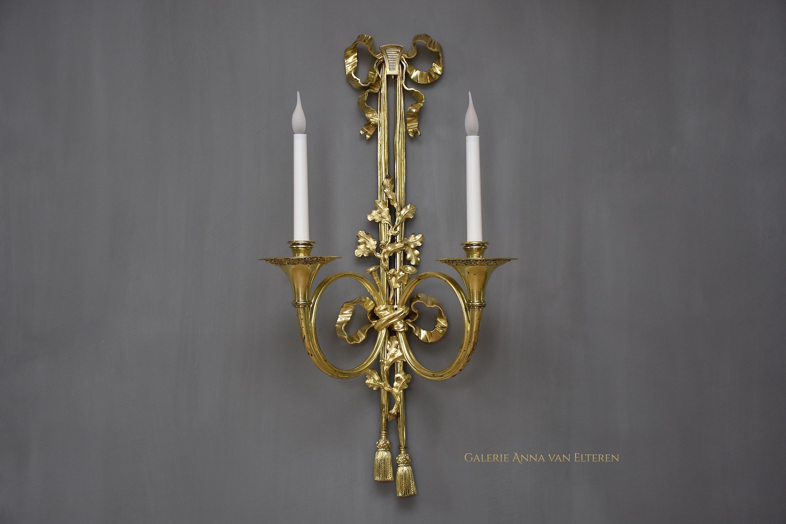 19th c. large pair of gilt bronze wall lights in the style of Louis XVI