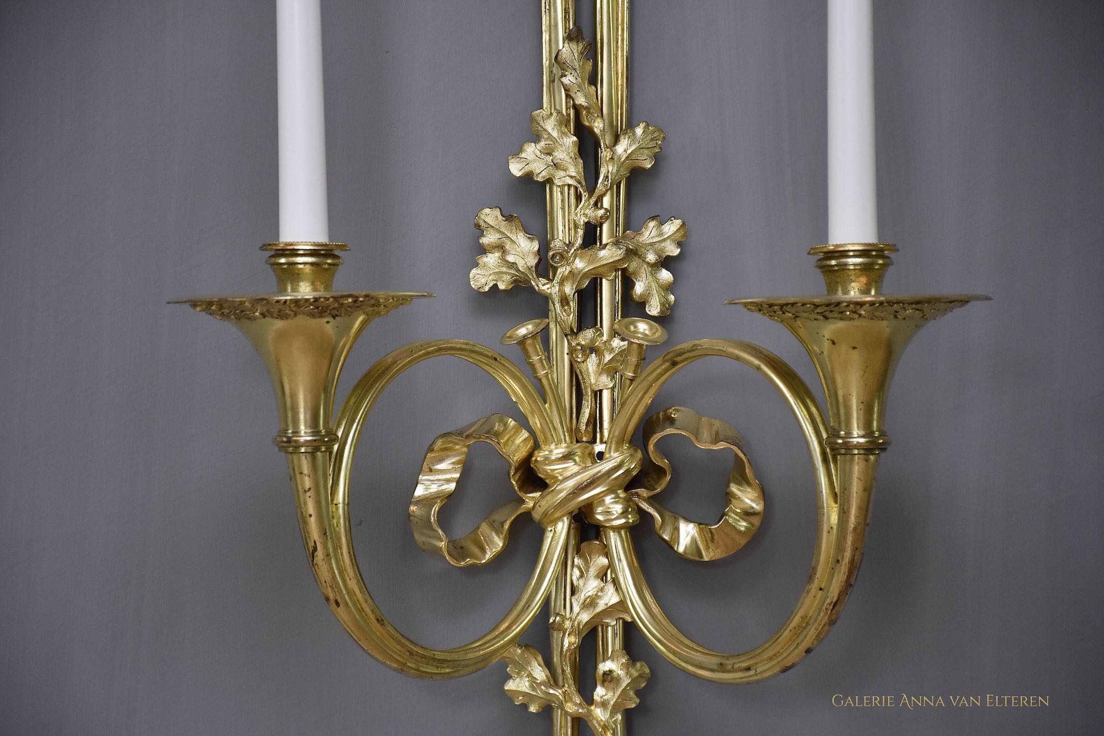 19th c. large pair of gilt bronze wall lights in the style of Louis XVI