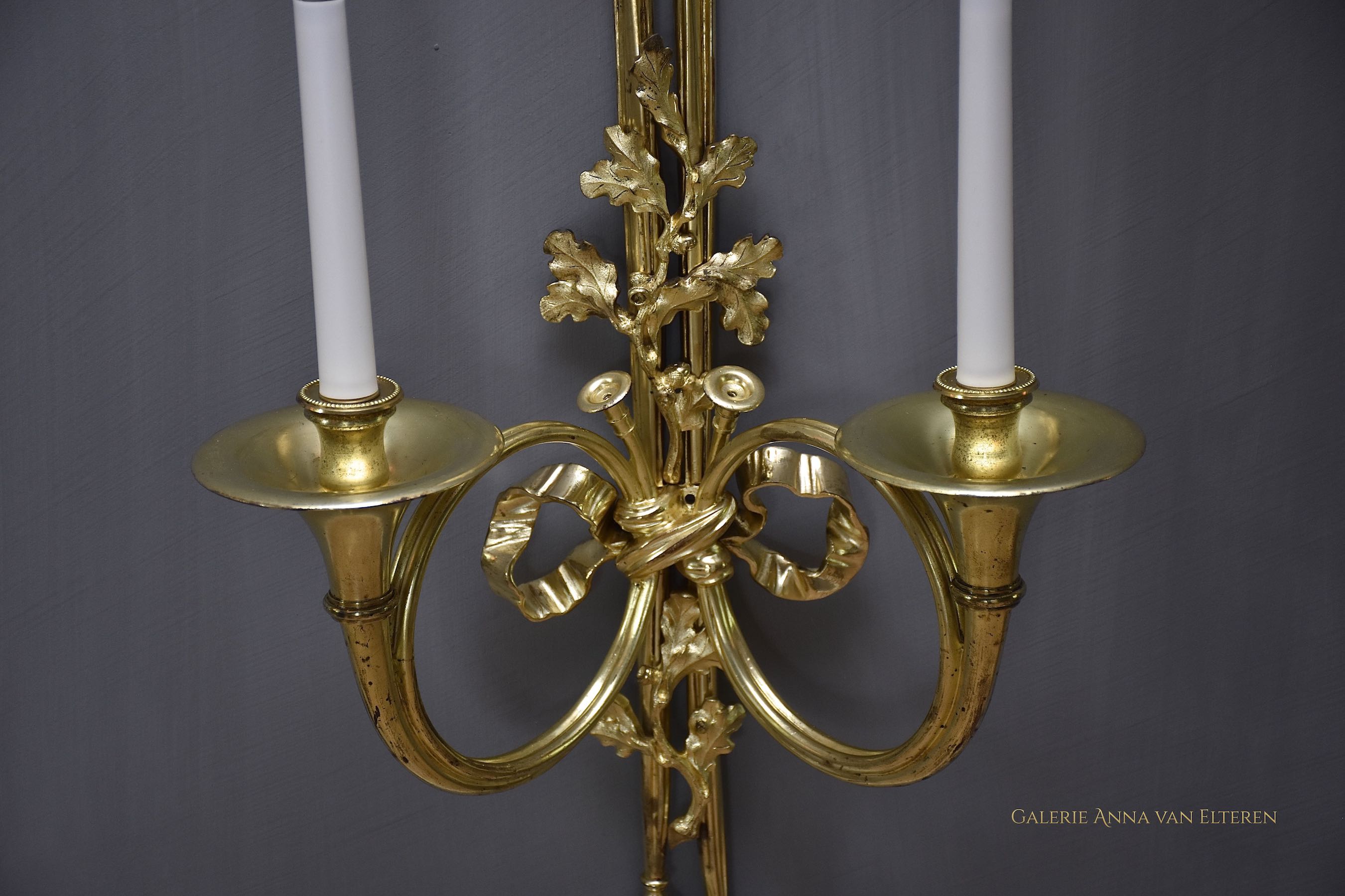 19th c. large pair of gilt bronze wall lights in the style of Louis XVI