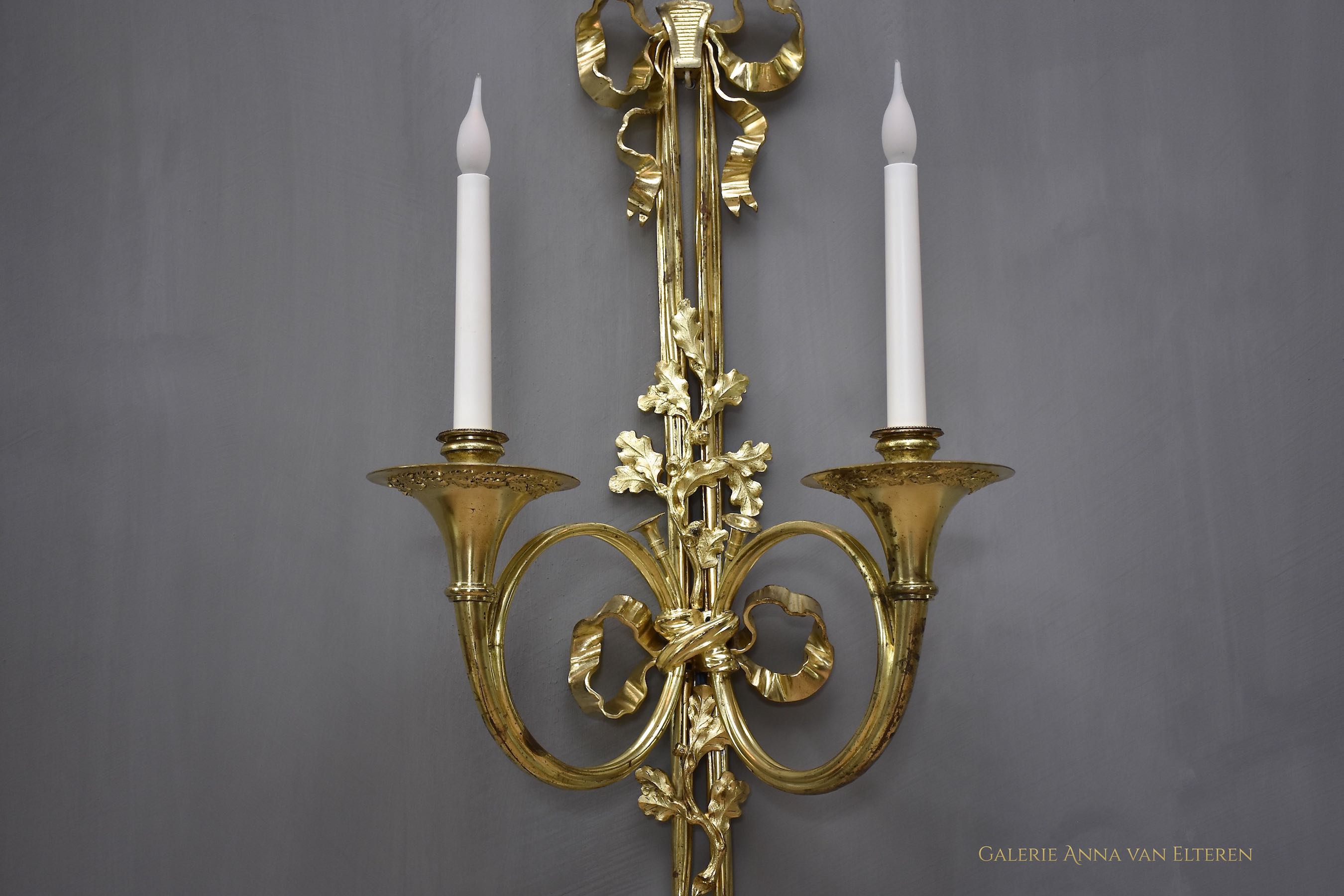 19th c. large pair of gilt bronze wall lights in the style of Louis XVI