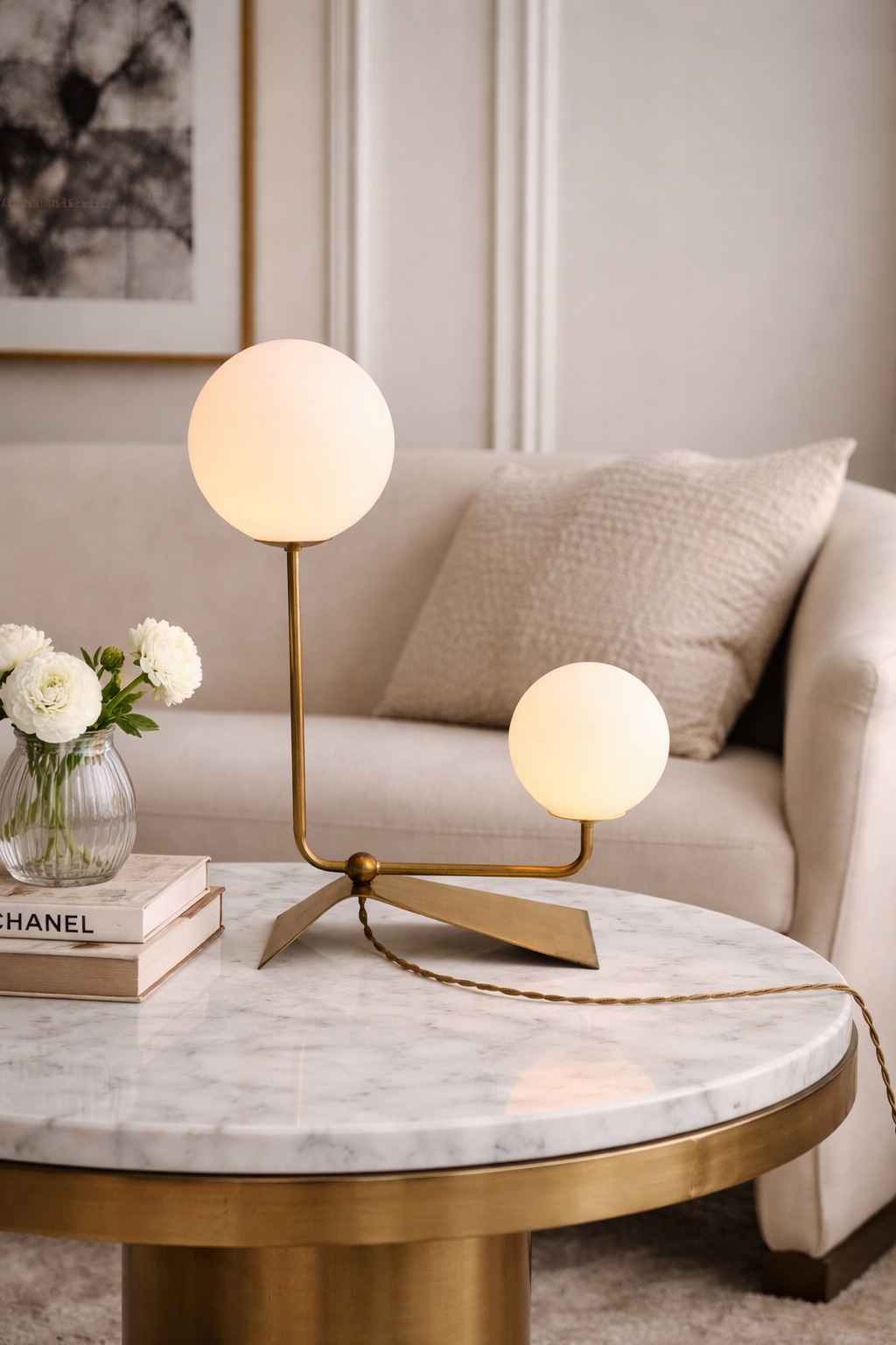 Mid-century Scandinavische messing en glas tafel/  bureaulamp