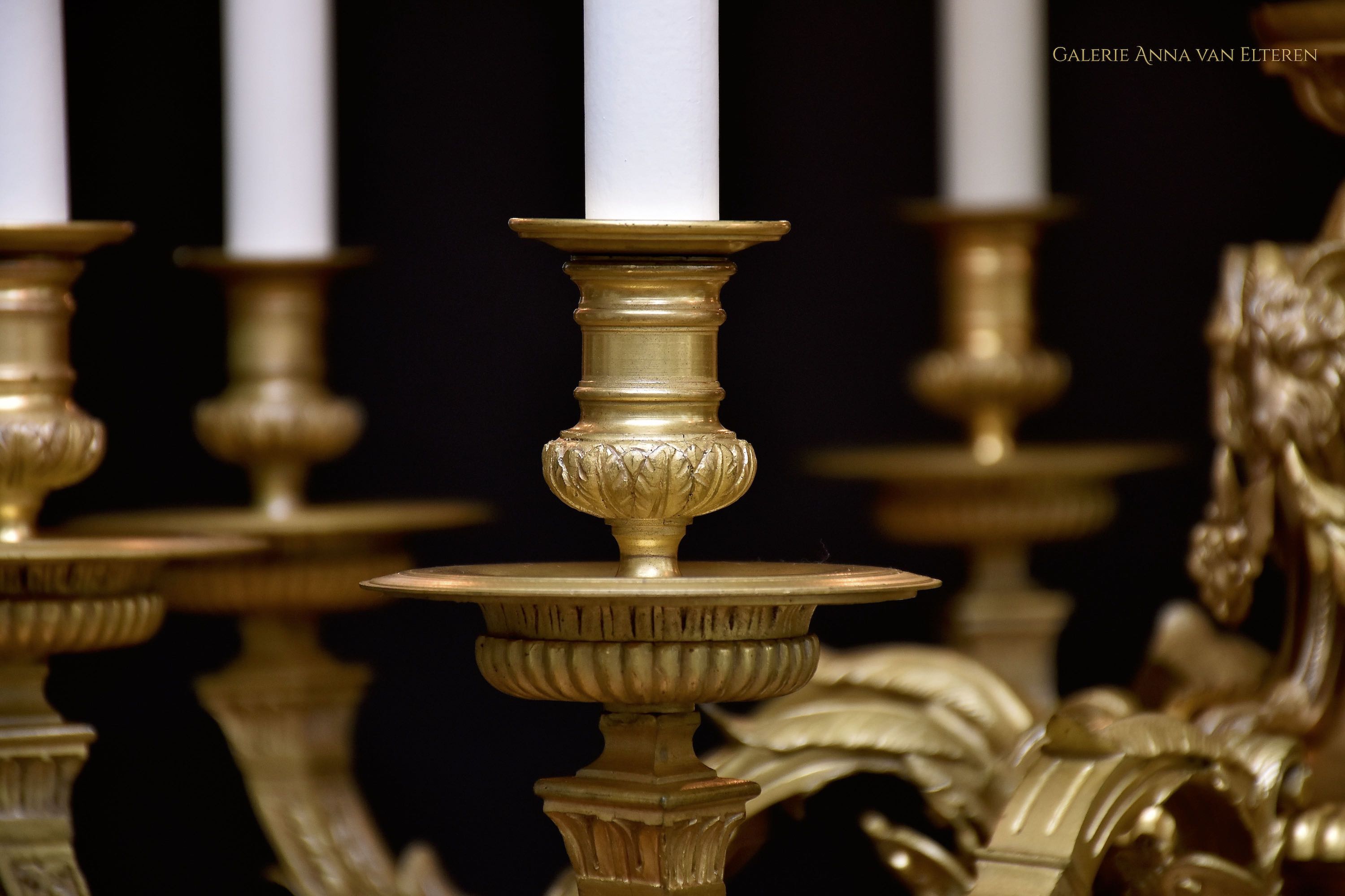 19th c. chased and gilded bronze chandelier in the style of André-Charles Boulle