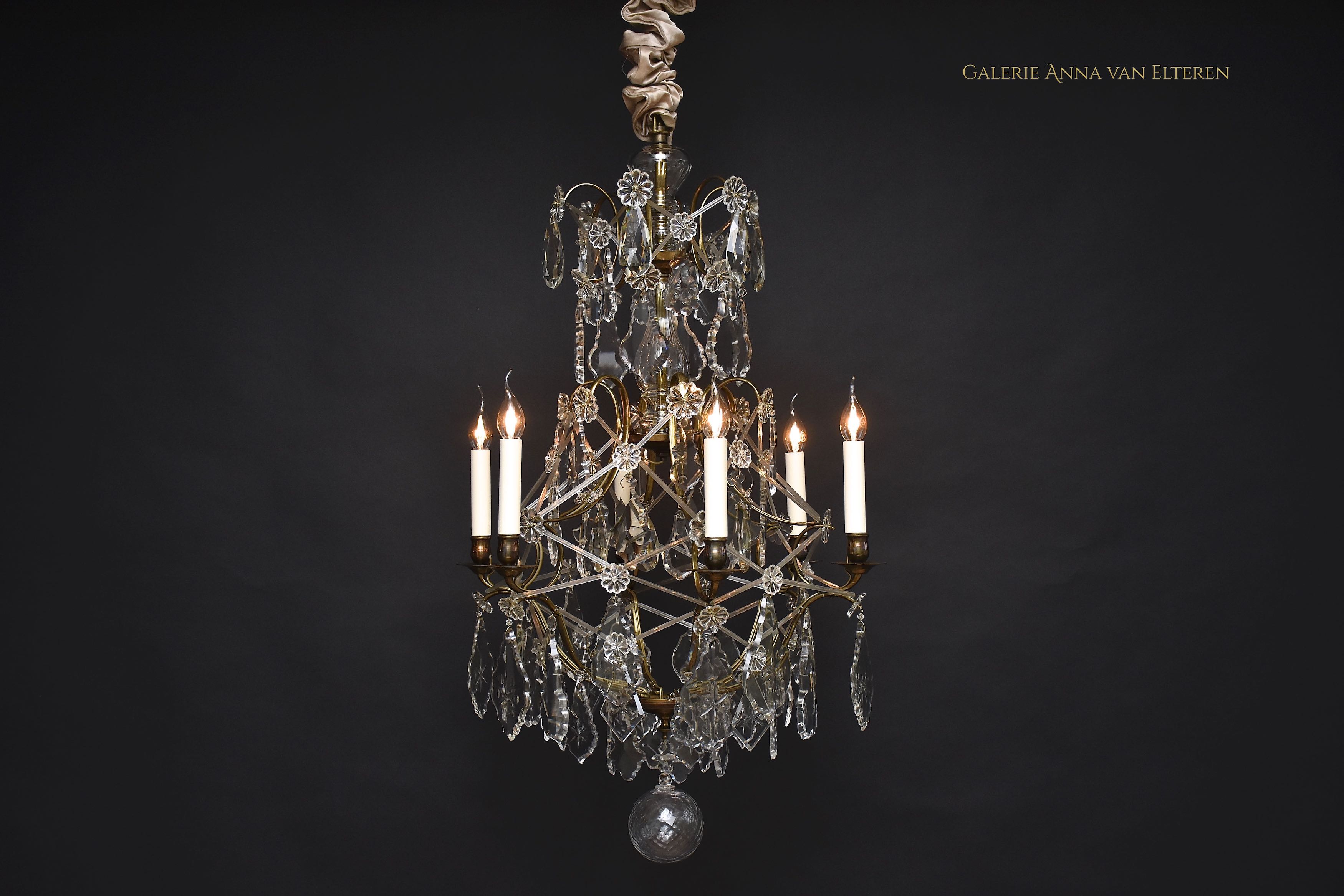 Early 20th c. Rococo style brass and crystal chandelier