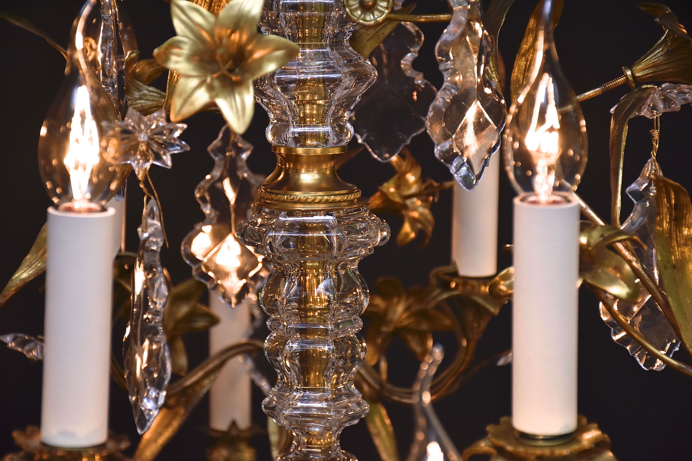 Late 19th c. gilt bronze and crystal floral chandelier
