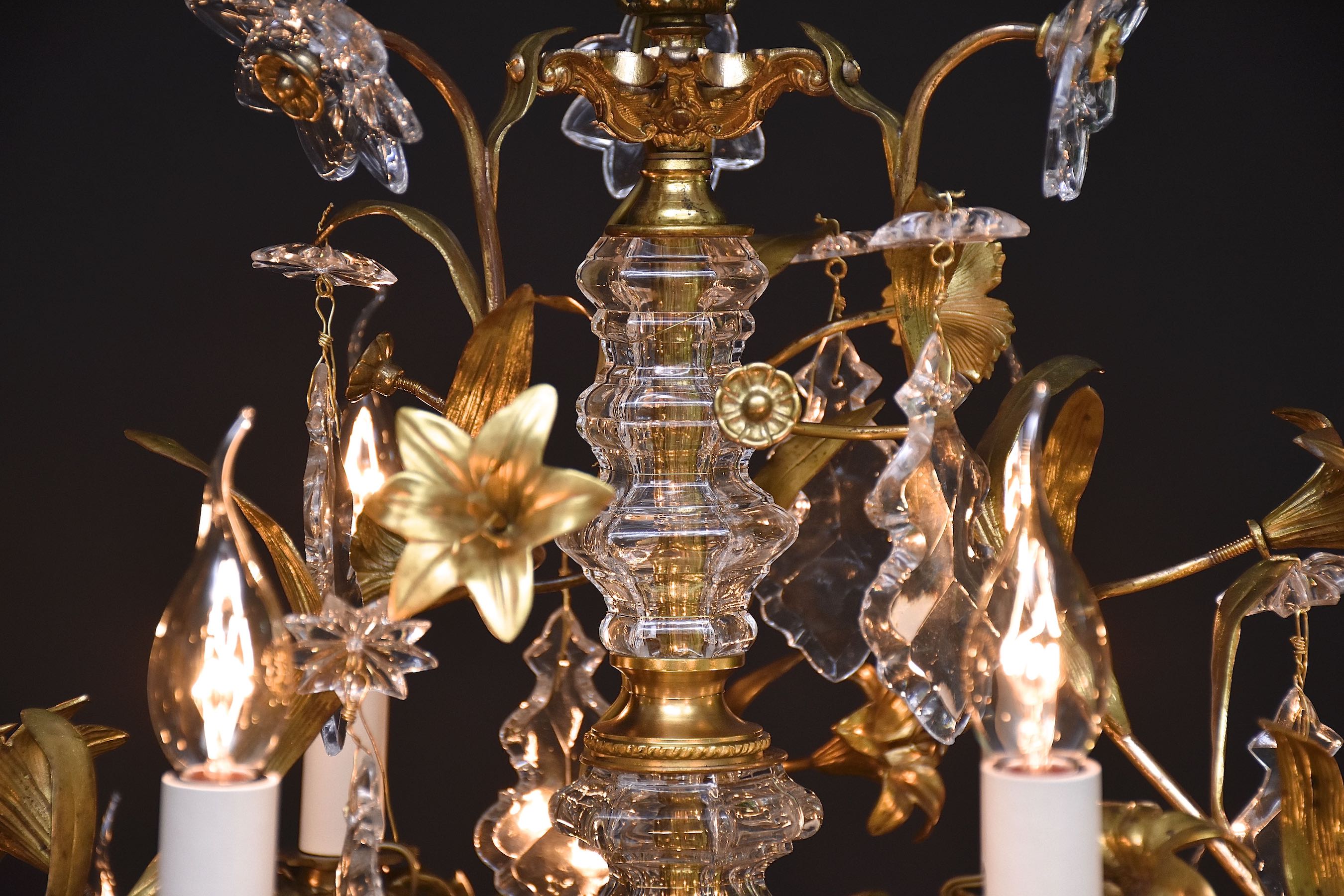 Late 19th c. gilt bronze and crystal floral chandelier