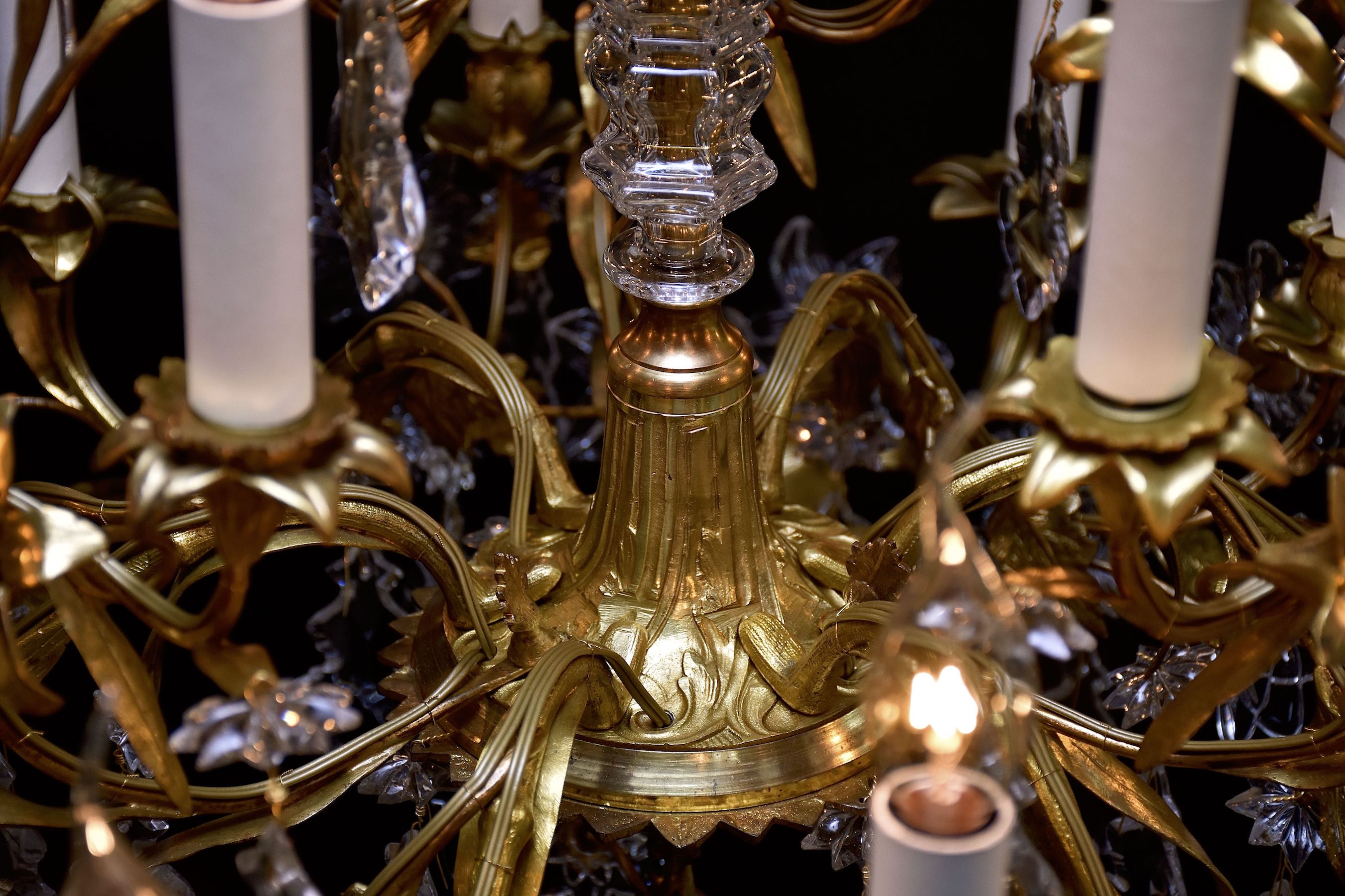 Late 19th c. gilt bronze and crystal floral chandelier