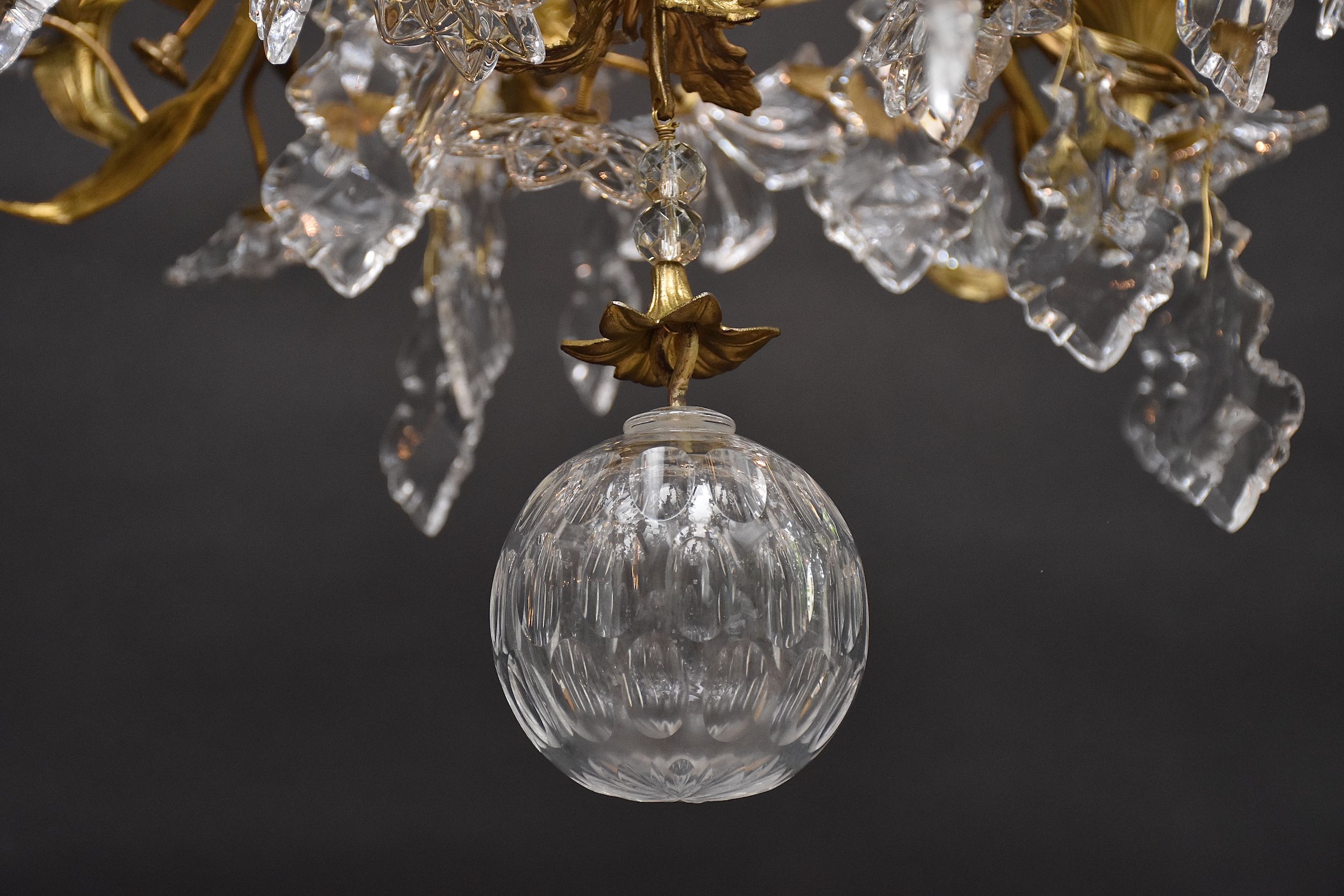 Late 19th c. gilt bronze and crystal floral chandelier