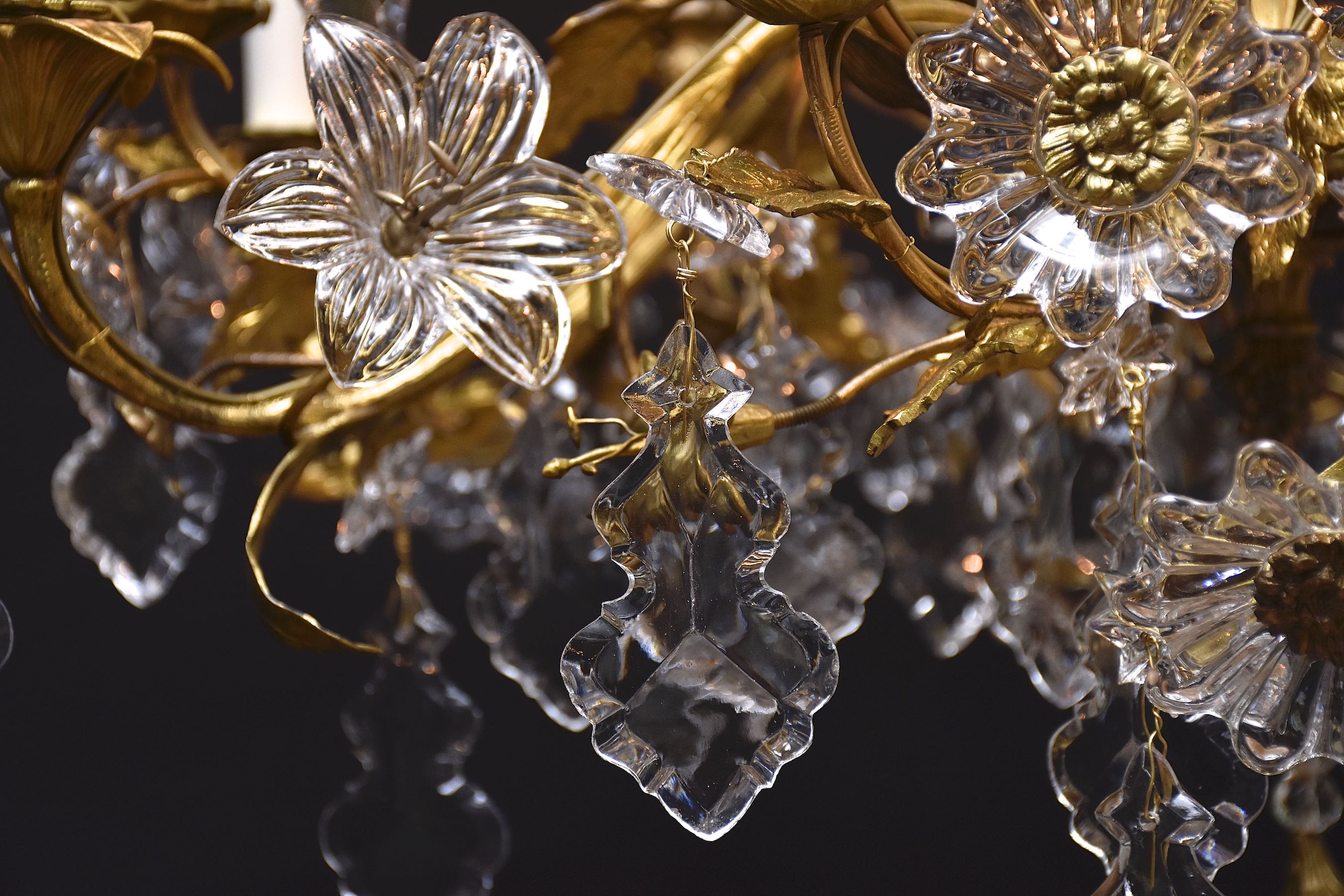 Late 19th c. gilt bronze and crystal floral chandelier