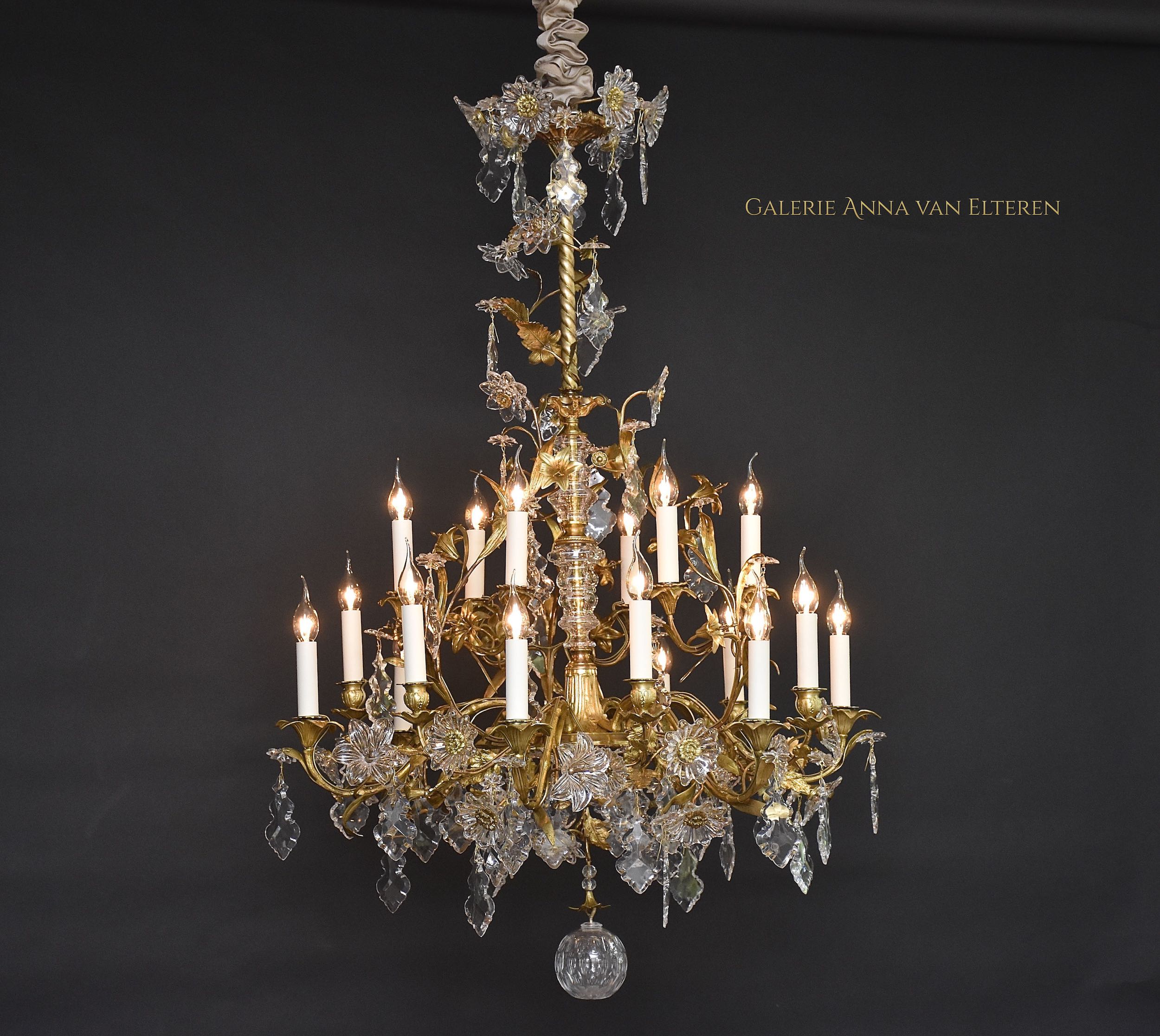 Late 19th c. gilt bronze and crystal floral chandelier