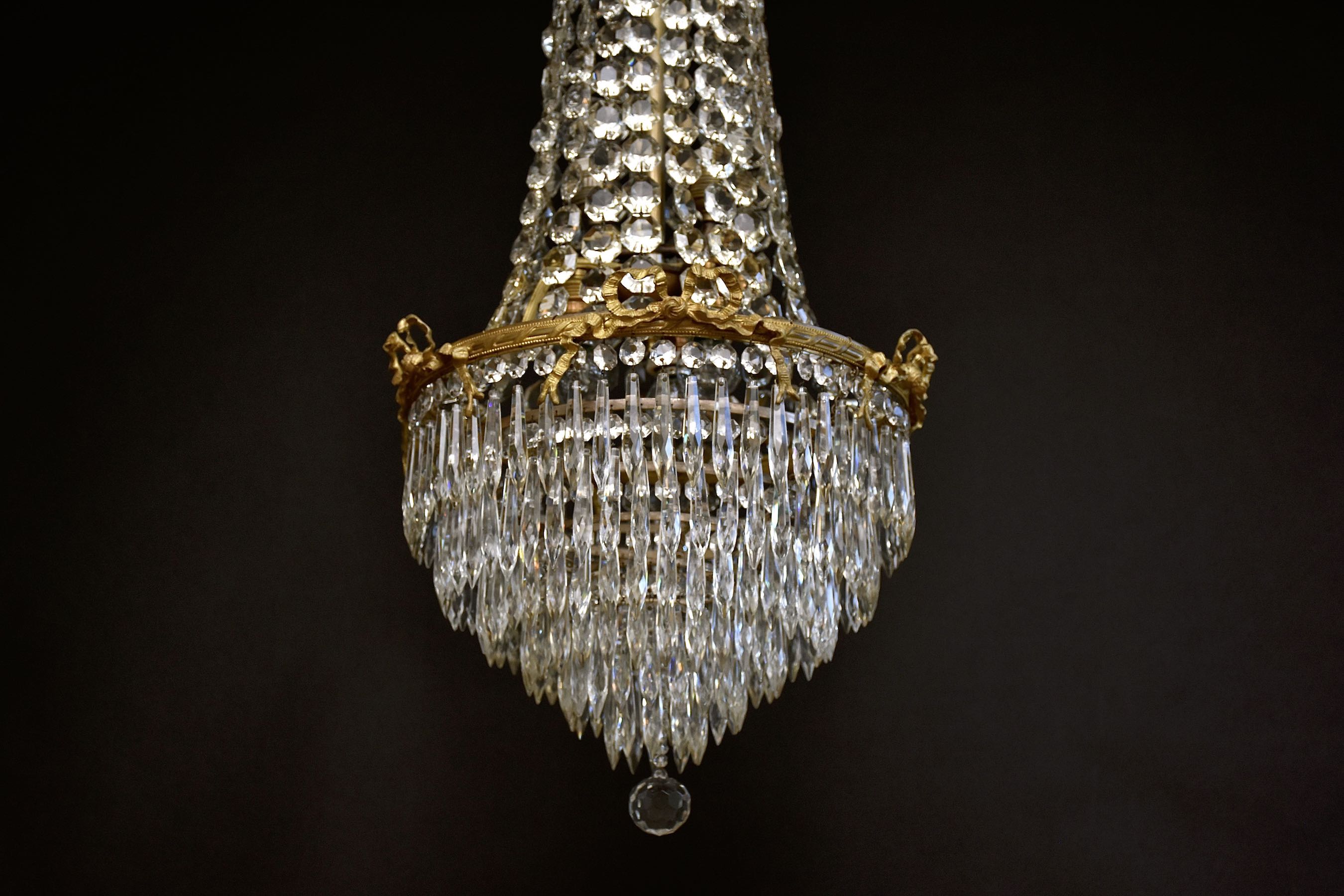 Late 19th c. French gilt bronze and crystal chandelier in the style of Louis XVI
