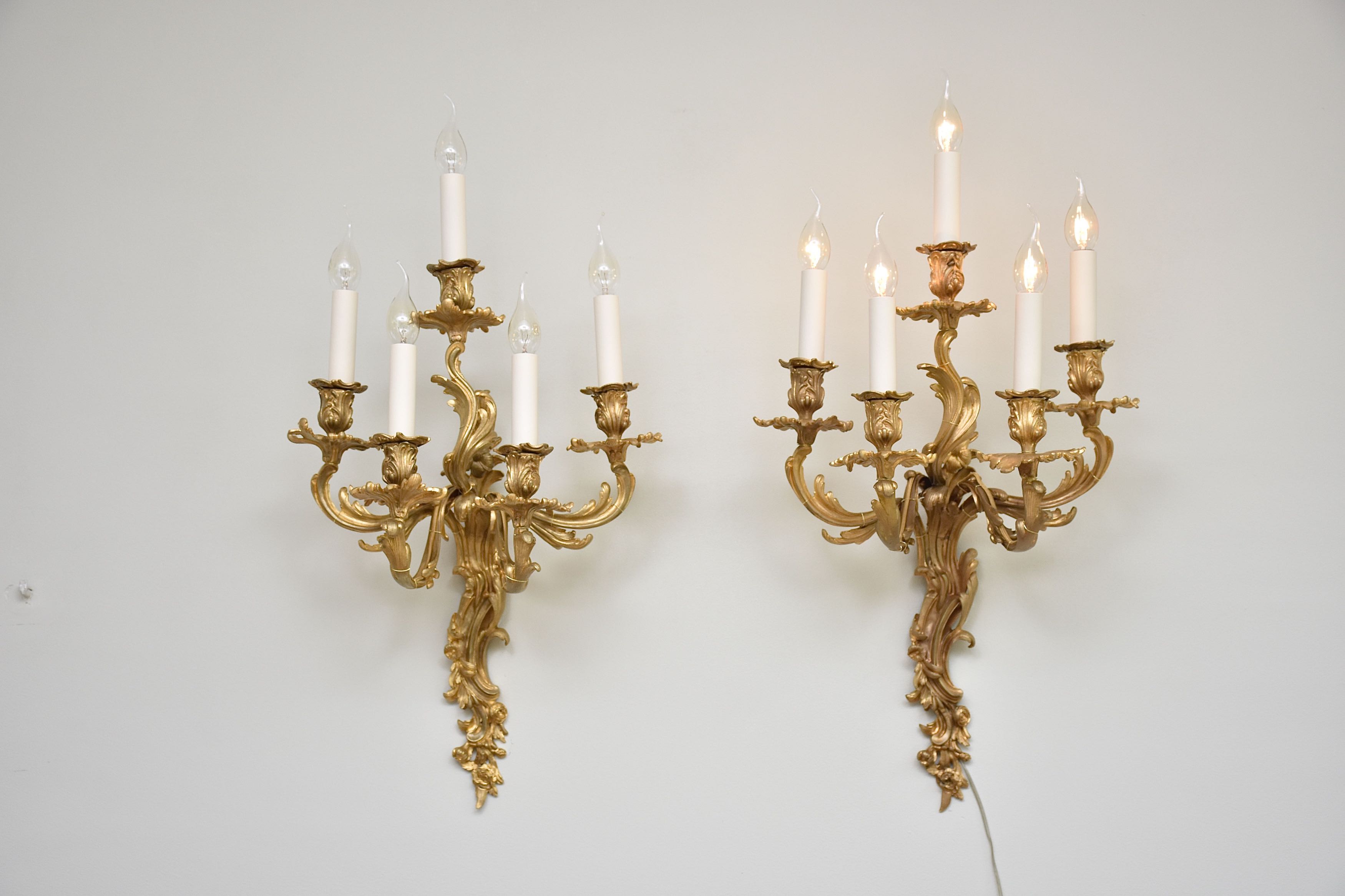 19th c. gilt bronze wall sconces in the style of Louis XV