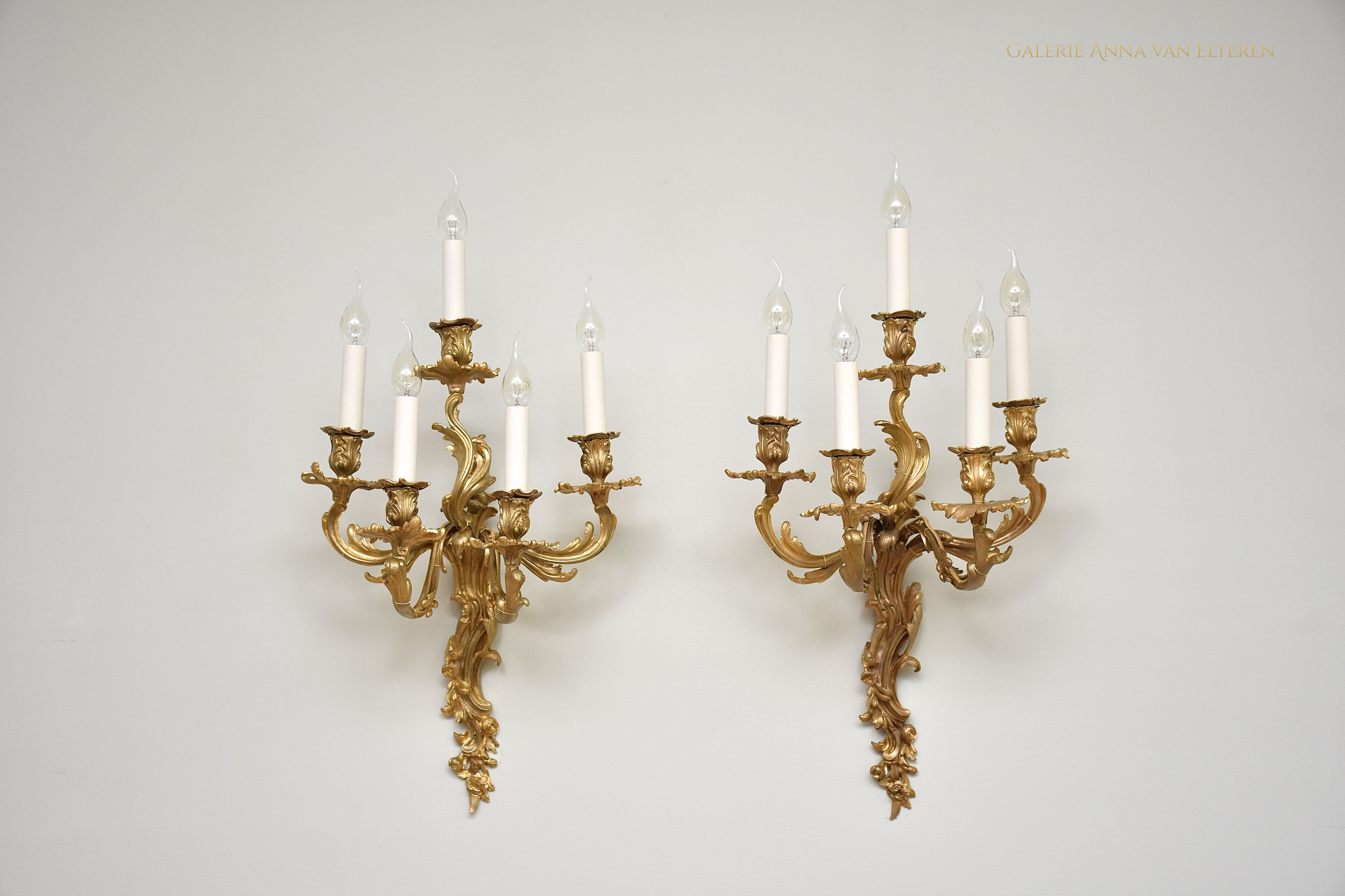 19th c. gilt bronze wall sconces in the style of Louis XV