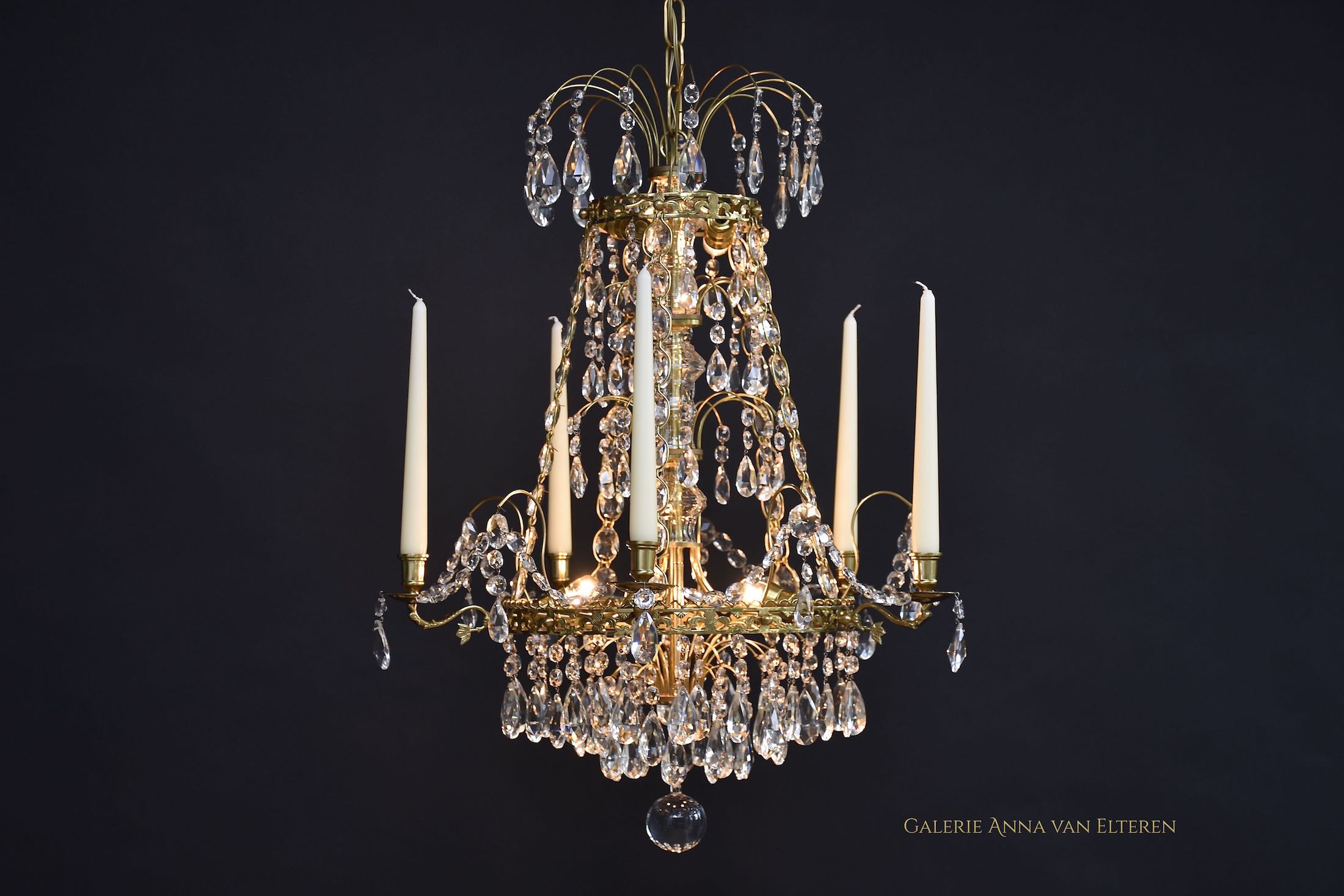 Gustavian style brass & crystal chandelier