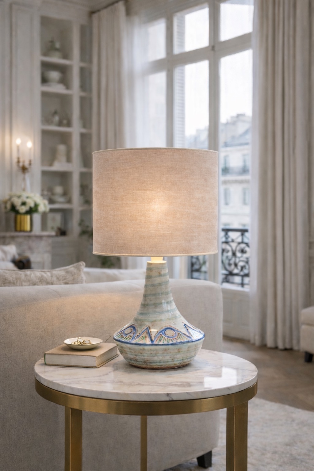 A pair of mid-century Danish ceramic table lamps in light blue/green by Soholm